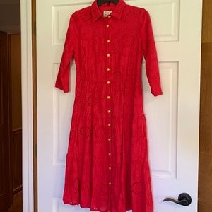Dainty Jewells red eyelet lace dress with gold buttons and 3/4 sleeves. Size sm